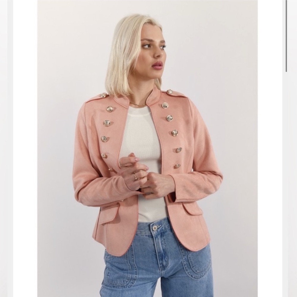Molly Bracken Peach Faux Suede Military Jacket Gold Button Epaulette Blazer M